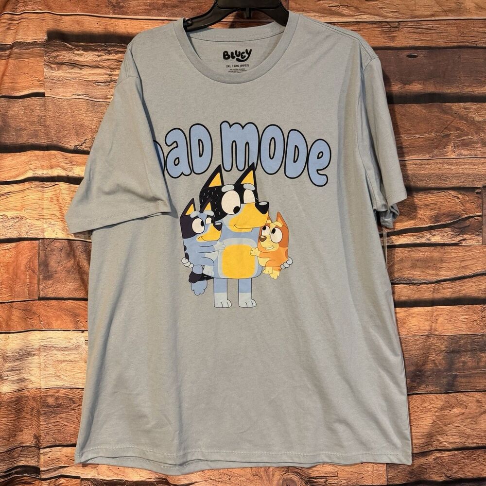 NWT Bluey Dad Mode T Shirt Mens 2XL Light Blue Bandit Graphic Tee Fathers Day